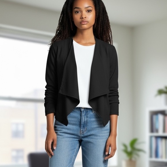 Nieman Marcus Jackets & Blazers - NIEMAN MARCUS 8 M Black Gabardine Open Waterfall Ruffle Blazer Jacket R $220